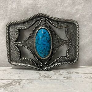 Real Or Faux Turquoise Cabochon Cab Stone Centerpiece On See Through Belt Buckle